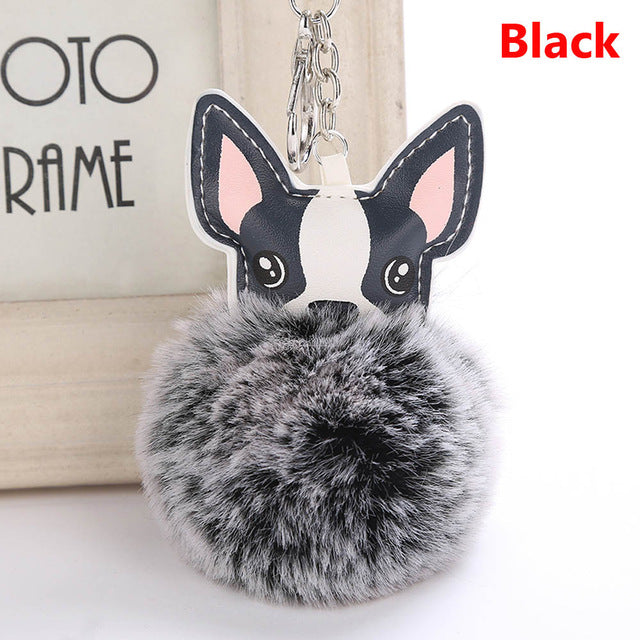 Fluffy Rabbit Fur Ball French Bulldog Keychain Pompom Key Chain Pu Leather Animal Pet Dog Keyring Holder Bag Charm Chaveiros