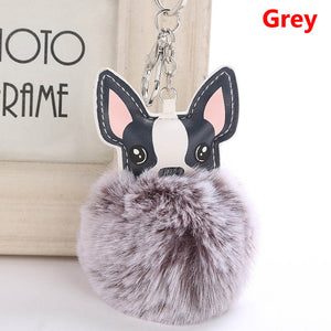 Fluffy Rabbit Fur Ball French Bulldog Keychain Pompom Key Chain Pu Leather Animal Pet Dog Keyring Holder Bag Charm Chaveiros