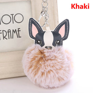 Fluffy Rabbit Fur Ball French Bulldog Keychain Pompom Key Chain Pu Leather Animal Pet Dog Keyring Holder Bag Charm Chaveiros