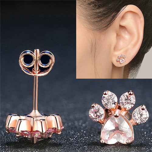 New Shiny Pink Stud Earrings CZ Bear Jewelry Dog Paw Print Earring Female Piercing Rose Gold Small Animal Earrings for Women