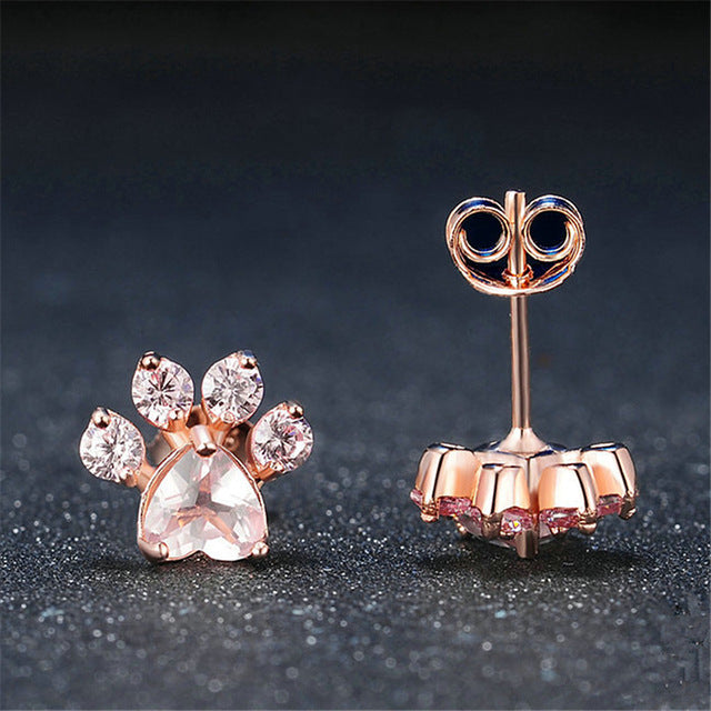 New Shiny Pink Stud Earrings CZ Bear Jewelry Dog Paw Print Earring Female Piercing Rose Gold Small Animal Earrings for Women